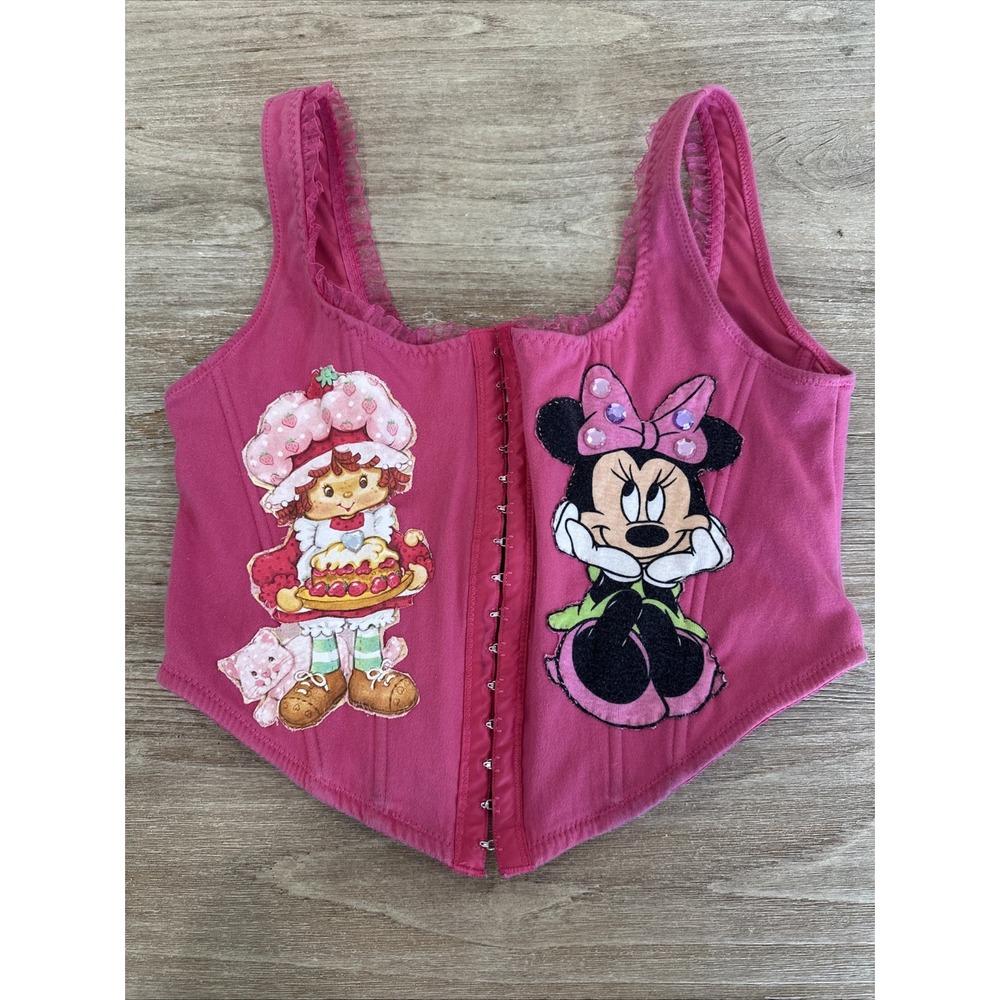 Upcycled Corset top Sz M Disney Mini Mouse Strawberry Shortcake Pink Kawaii